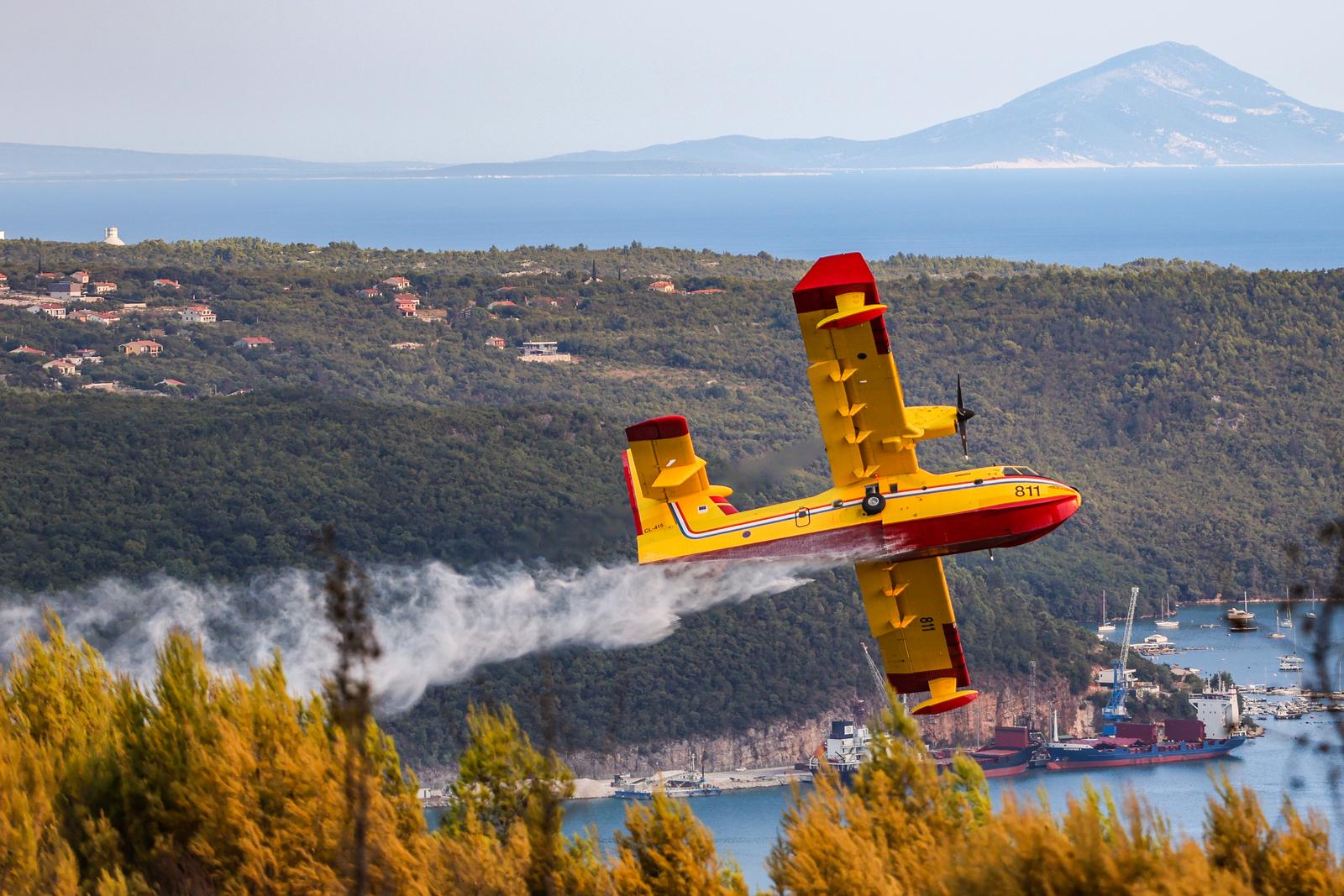 12.08.2024., Barban - U velikom pozaru koji je danas oko 15:20 izbio u Punteri, na podrucju Barbana, do sada je izgorjelo 50-ak hektara bjelogoricne i borove sume, maslina i niskog raslinja, potvrdio je vatrogasni zapovjednik Istarske županije Dino Kozlevac. Na terenu je 35 vatrogasaca s dvanaest vozila, a u gasenju pozara pomazu i dva kanadera. Photo: Srecko Niketic/PIXSELL