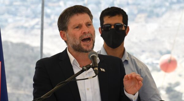Israeli far-right Finance Minister Bezalel Smotrich speaks at a press conference near Ma'ale Adumim settlement, announcing his plan to approve more than 3,000 Jewish housing units, schools, health facilities and a country club in the controversarial E1 settlement project in the West Bank, on Thursday, August 14, 2025. Photo by Debbie Hill/ UPI Photo via Newscom Photo: DEBBIE HILL/NEWSCOM