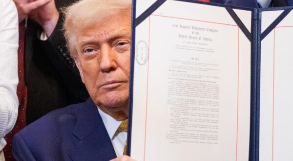 United States President Donald J Trump displays his signed bill during a signing ceremony for âThe Halt All Lethal Trafficking of Fentanyl Actâ in the East Room of the White House in Washington, DC, US, on Wednesday, July 16, 2025. The bill strengthens prison sentences for fentanyl traffickers and reclassifies the drug as a Schedule I substance. Credit: Aaron Schwartz / Pool via CNP
