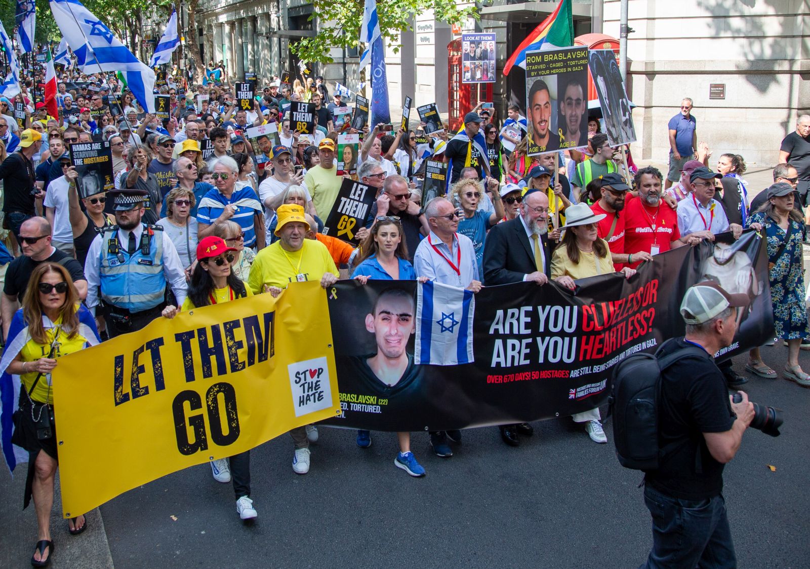 epa12292403 Protesters join family members of the hostages being held by Hamas, at the March for the Hostages in London, Britain, 10 August 2025. The protesters called for the immediate release of the hostages. According to Israel's military (IDF), around 50 Israeli hostages remain in captivity in the Gaza Strip.  EPA/TAYFUN SALCI