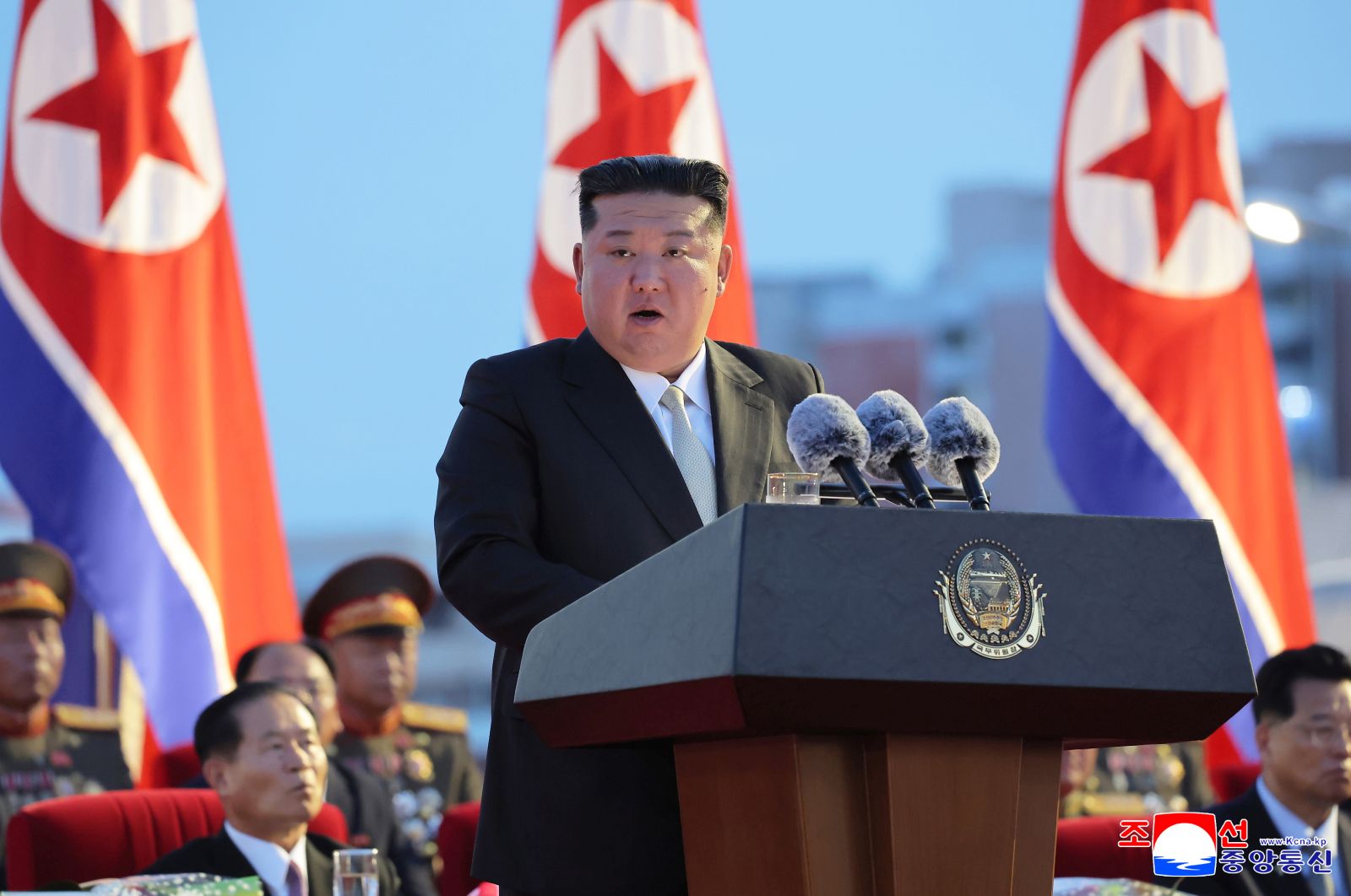 epa12301411 A photo released by the official North Korean Central News Agency (KCNA) shows North Korean leader Kim Jong Un delivering his speech during an event to celebrate the 80th anniversary of Korea's liberation from Japanese colonial rule in Pyongyang, North Korea, 14 August 2025 (issued 15 August 2025). According to KCNA, the celebration took place at the Arch of Triumph Plaza in Pyongyang.  EPA/KCNA  EDITORIAL USE ONLY