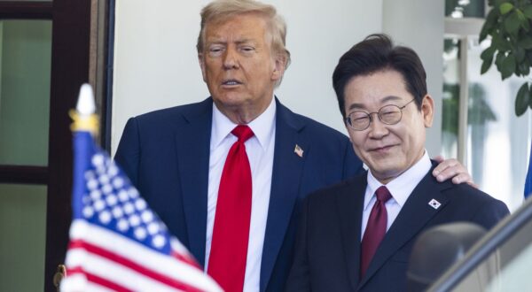 epa12321913 US President Donald Trump (L) greets South Korean President Lee Jae-myung (R) at the West Wing of the White House in Washington, DC, USA, 25 August 2025. Lee and Trump are expected to discuss reinforcing their 71-year-old military alliance, including the construction of new US shipyards.  EPA/JIM LO SCALZO