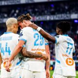 Adrien RABIOT of Marseille celebrates his goal with Luis HENRIQUE, Jonathan ROWE during the Ligue 1 McDonald's match between Marseille and Toulouse on April 6, 2025 at Orange Velodrome in Marseille, France. (Photo by Johnny Fidelin/Icon Sport) Photo: Johnny Fidelin/ICON SPORT