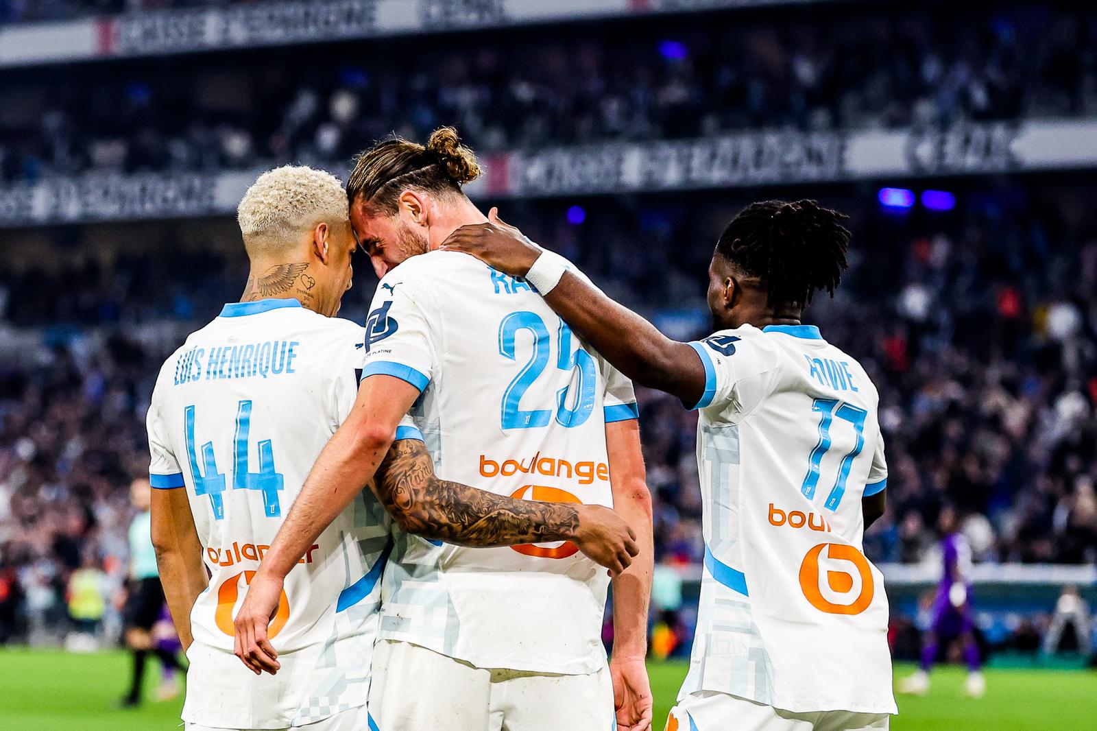 Adrien RABIOT of Marseille celebrates his goal with Luis HENRIQUE, Jonathan ROWE during the Ligue 1 McDonald's match between Marseille and Toulouse on April 6, 2025 at Orange Velodrome in Marseille, France. (Photo by Johnny Fidelin/Icon Sport) Photo: Johnny Fidelin/ICON SPORT