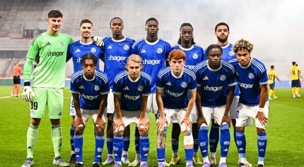 Starting team of Strasbourg during the UEFA Conference Europa League 2025/2026 qualification match between Strasbourg and Brondby at La Meinau Stadium on August 21, 2025 in Strasbourg, France. (Photo by Baptiste Fernandez/Icon Sport) Photo: Baptiste Fernandez/ICON SPORT