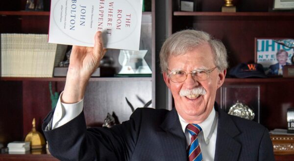 Former national security adviser John Bolton mimics photos of President Donald Trump holding a Bible after an interview with USA TODAY's Washington, DC bureau chief Susan Page in advance of the release of his book, 'In the Room Where It Happened.' (Photo by Jasper Colt / USA TODAY NETWORK via Imagn Images/Sipa USA) Photo: USA TODAY/SIPA USA
