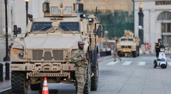 Members of the National Guard and local law enforcement are seen outside of Union Station in Washington, DC on Thursday, August 14, 2025. President Donald Trump federalized the Washington DC Police and called up 800 National Guardsman in response to his declaration of a public safety emergency. Photo by Jemal Countess/UPI Photo via Newscom Photo: Jemal Countess/NEWSCOM
