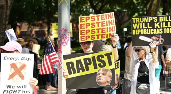 Protesters take to the streets of Manhattan for "Rage Against the Regime," part of a nationwide series of demonstrations against the Trump administration and its policies on August 2, 2025 in New York, NY.(Photo by Matthew Rodier/Sipa USA) Photo: Matthew Rodier/SIPA USA