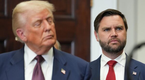 US President Donald Trump, left, and Vice President JD Vance during an executive order signing ceremony in the Roosevelt Room of the White House in Washington, DC, US, on Thursday, July 31, 2025. The order will formally reestablish the Presidential Fitness Test, creating school-based programs that reward excellence in physical education. Photographer: Eric Lee/Pool/Sipa USA Photo: Sipa USA/SIPA USA