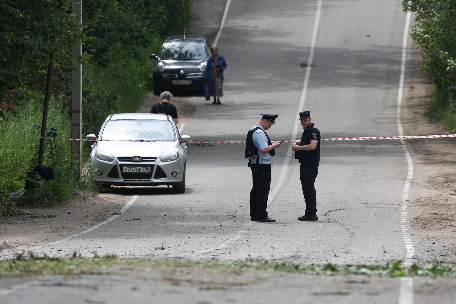 RUSSIA, MOSCOW REGION - JULY 4, 2025: Police tape off the site of a Ukrainian drone crash in Sergiyev Posad, northeast of Moscow. Sergei Bulkin/TASS/Sipa USA Photo: Tass/SIPA USA