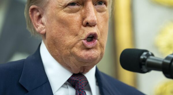 President Donald Trump announces an additional $100 billion Apple investment in the U.S., which now will total over $600 billion over the next four years,  in the Oval Office of the White House in Washington, DC on Wednesday, August 6, 2025. The White House will also establish the Apples American Manufacturing Program, which will focus on bringing Apples supply chain and manufacturing to the U.S. Photo by Bonnie Cash/Pool/Sipa USA Photo: Sipa USA/SIPA USA
