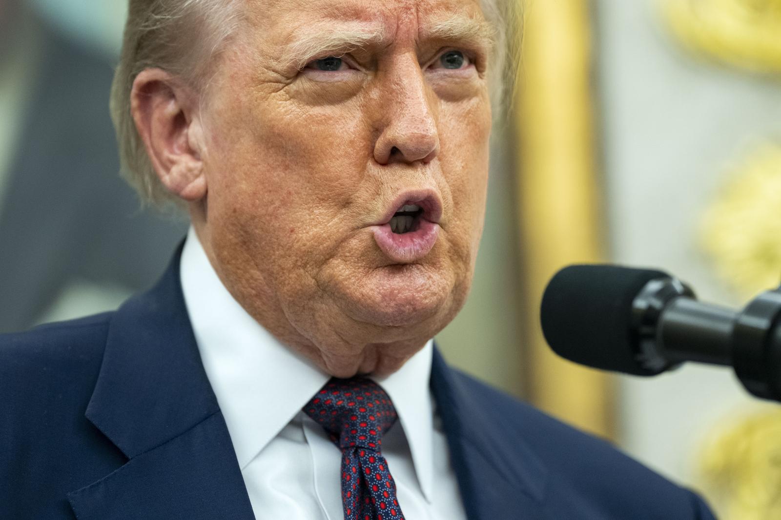 President Donald Trump announces an additional $100 billion Apple investment in the U.S., which now will total over $600 billion over the next four years,  in the Oval Office of the White House in Washington, DC on Wednesday, August 6, 2025. The White House will also establish the Apples American Manufacturing Program, which will focus on bringing Apples supply chain and manufacturing to the U.S. Photo by Bonnie Cash/Pool/Sipa USA Photo: Sipa USA/SIPA USA