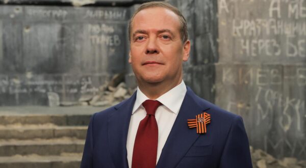 RUSSIA, MOSCOW - APRIL 29, 2025: Russian Security Council Deputy Chairman Dmitry Medvedev films an address to Russian citizens marking the 80th anniversary of the victory over Nazi Germany in World War II. Yekaterina Shtukina/POOL/TASS/Sipa USA Photo: Tass/SIPA USA