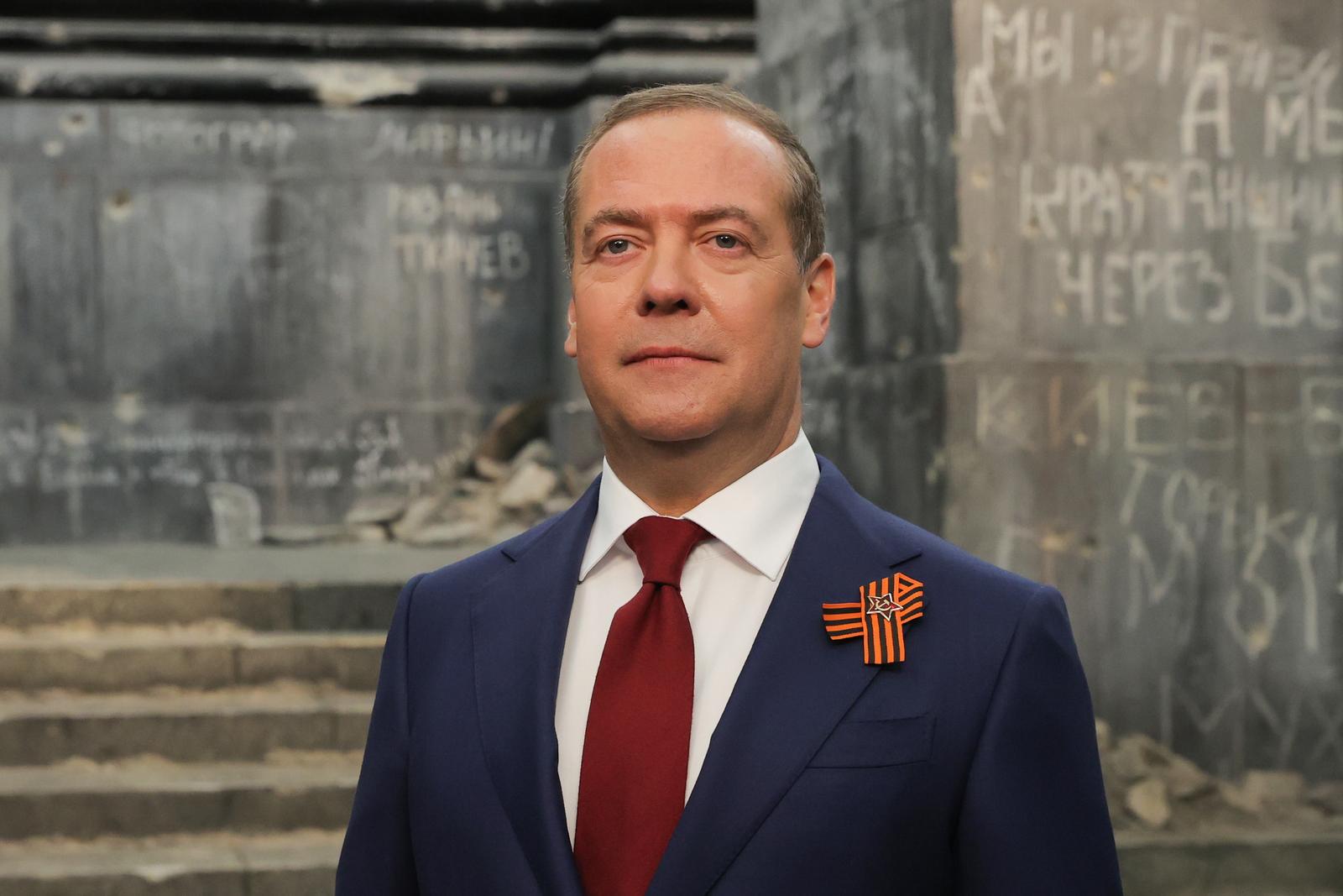RUSSIA, MOSCOW - APRIL 29, 2025: Russian Security Council Deputy Chairman Dmitry Medvedev films an address to Russian citizens marking the 80th anniversary of the victory over Nazi Germany in World War II. Yekaterina Shtukina/POOL/TASS/Sipa USA Photo: Tass/SIPA USA
