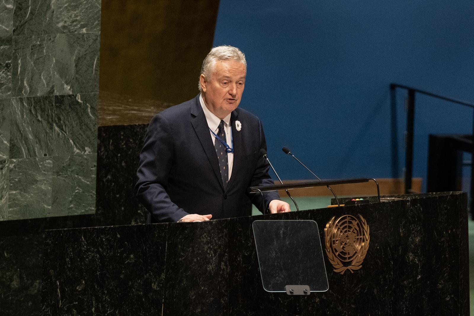 Zlatko Lagumdzija, Ambassador, Permanent Representative of Bosnia and Herzegovina to the UN speaks during Commemorative Event on the occasion of the International Day of Reflection and Commemoration of the 1995 Genocide in Srebrenica at UN Headquarters in New York on July 11, 2024. (Photo by Lev Radin/Sipa USA) Photo: Lev Radin/SIPA USA