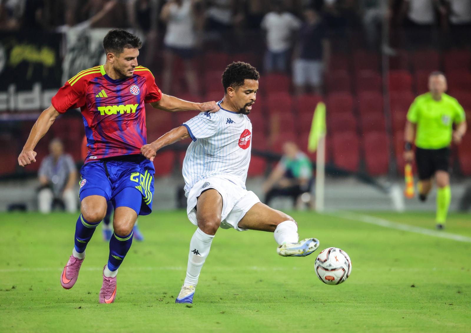 UEFA Europa Conference League Dinamo City vs Hajduk Split Lorran of Dinamo City and Fran Karacic of Hajduk Split in action during third qualifying round, 2nd leg UEFA Europe Conference League soccer match between Dinamo City and Hajduk Split at Arena Kombetare Stadium in Tirana, Albania on August 14, 2025. Tirana Albania Copyright: xMatrixxImages/ArmandoxBabanix Photo: IMAGO/Matrix Images/Armando Babani/IMAGOSPORT
