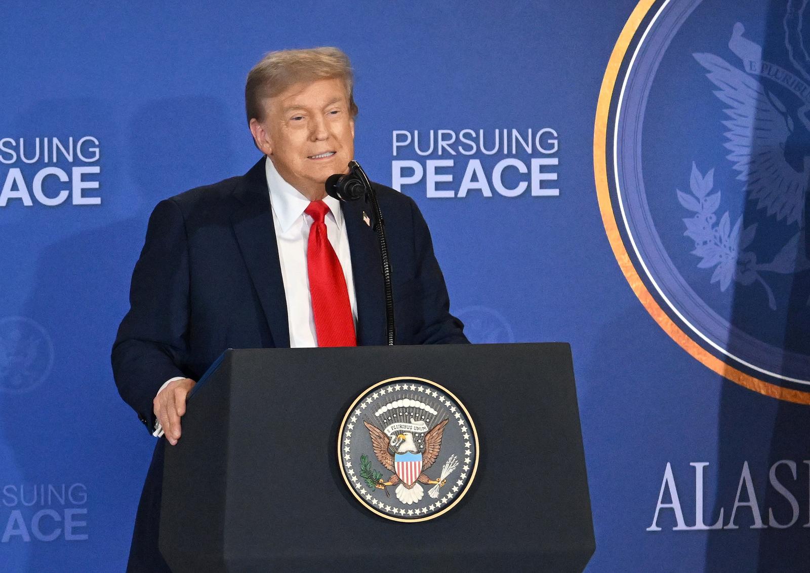 US President Donald Trump during a press conference following the meeting.
Credit: Dmitry Azarov/Kommersant Photo/Sipa USA Photo: Kommersant Photo Agency/SIPA USA