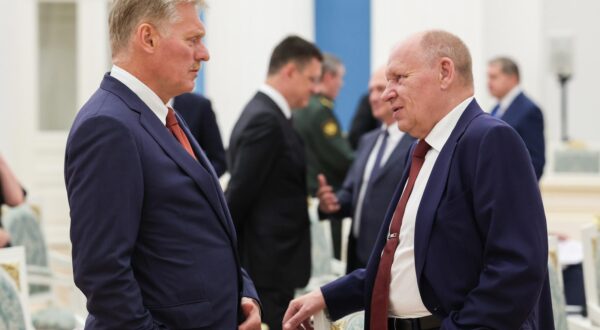 RUSSIA, MOSCOW - AUGUST 16, 2025: President Putin's spokesman Dmitry Peskov (L) and First Deputy Chief of Staff of Russia's Presidential Executive Office Alexei Gromov are seen before a government meeting chaired by Russia's President Putin (not pictured) to discuss the results of the talks between Putin and US President Trump in Alaska. Vyacheslav Prokofyev/Russian Presidential Press and Information Office/TASS/Sipa USA Photo: Tass/SIPA USA