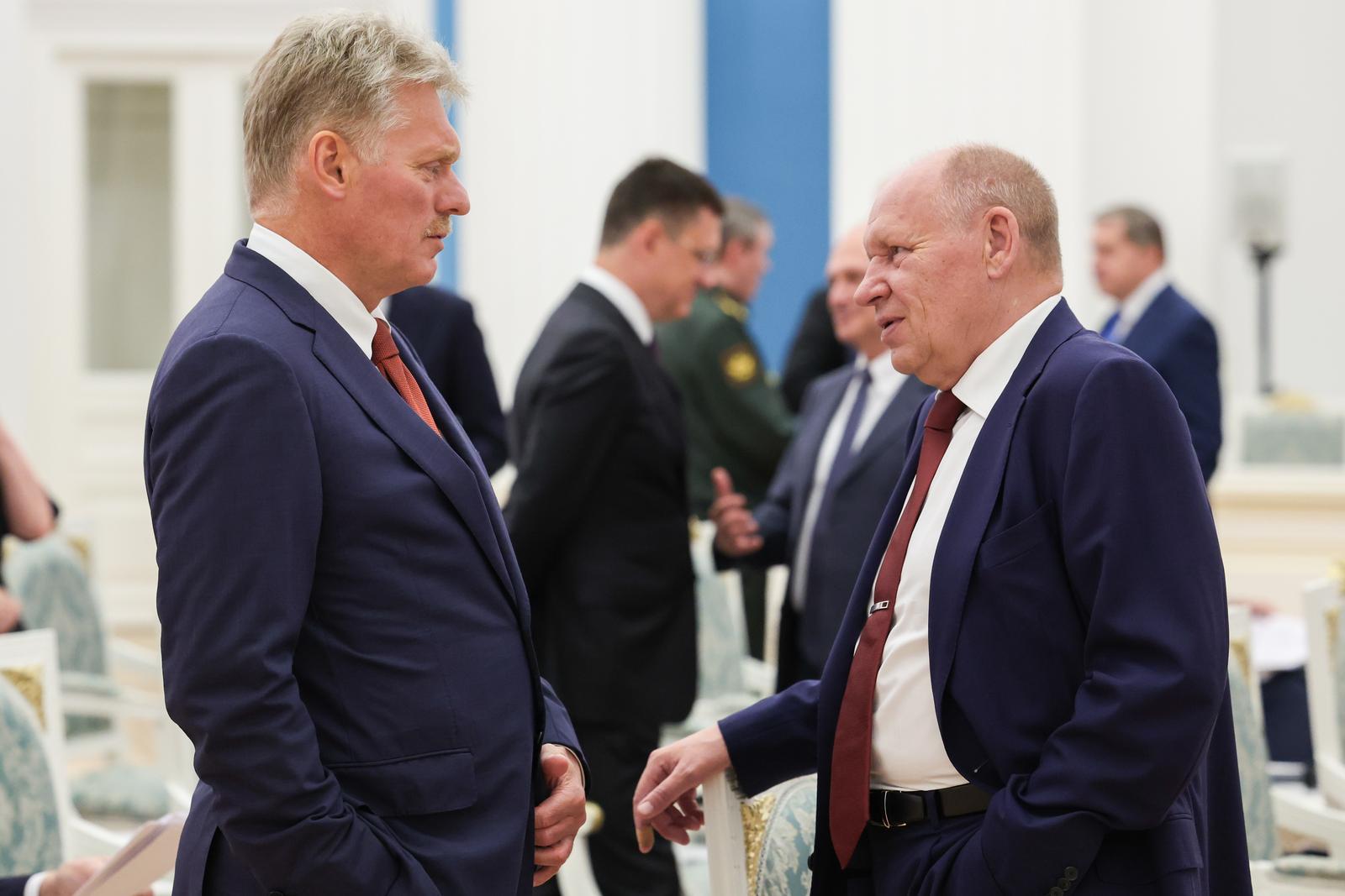 RUSSIA, MOSCOW - AUGUST 16, 2025: President Putin's spokesman Dmitry Peskov (L) and First Deputy Chief of Staff of Russia's Presidential Executive Office Alexei Gromov are seen before a government meeting chaired by Russia's President Putin (not pictured) to discuss the results of the talks between Putin and US President Trump in Alaska. Vyacheslav Prokofyev/Russian Presidential Press and Information Office/TASS/Sipa USA Photo: Tass/SIPA USA