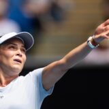Jan 17, 2025; Melbourne, Victoria, Australia; Donna Vekic of Croatia serves during her match against Diana Shnaider in the third round of the women's singles at the 2025 Australian Open at Melbourne Park. Mandatory Credit: Mike Frey-Imagn Images/Sipa USA Photo: Imagn Images/SIPA USA