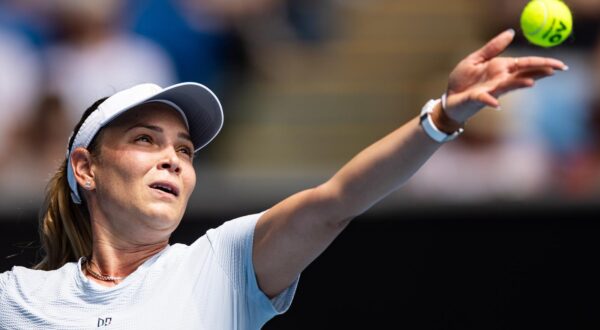 Jan 17, 2025; Melbourne, Victoria, Australia; Donna Vekic of Croatia serves during her match against Diana Shnaider in the third round of the women's singles at the 2025 Australian Open at Melbourne Park. Mandatory Credit: Mike Frey-Imagn Images/Sipa USA Photo: Imagn Images/SIPA USA