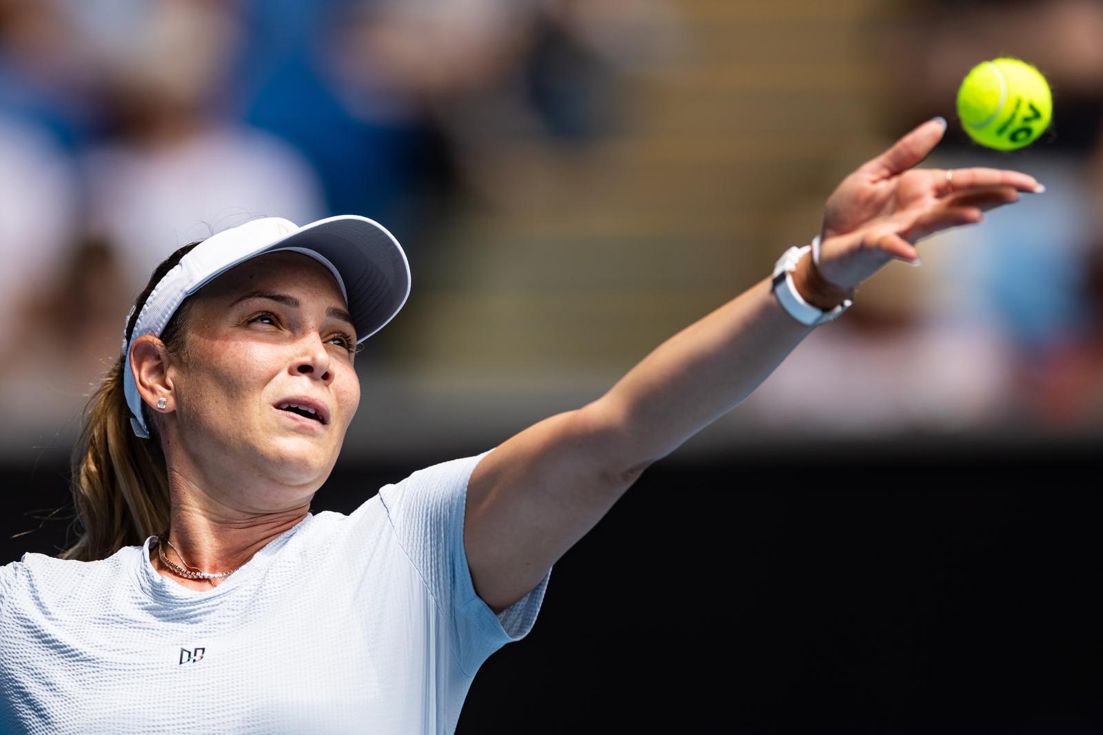 Jan 17, 2025; Melbourne, Victoria, Australia; Donna Vekic of Croatia serves during her match against Diana Shnaider in the third round of the women's singles at the 2025 Australian Open at Melbourne Park. Mandatory Credit: Mike Frey-Imagn Images/Sipa USA Photo: Imagn Images/SIPA USA