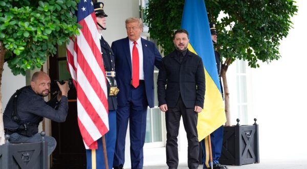 US President Donald Trump greets Ukrainian President Volodymyr Zelenskiy before their meeting with European Leaders at the White House in Washington on August 18, 2025. Photo by Yuri Gripas/Pool/Sipa USA Photo: Sipa USA/SIPA USA