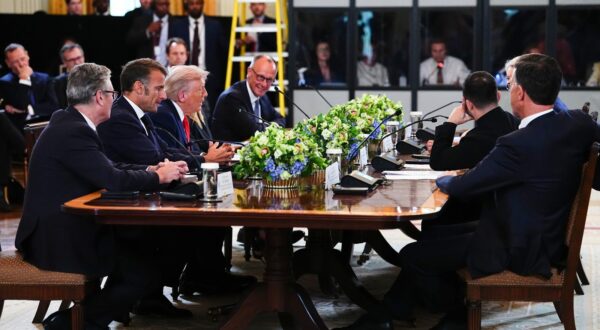 United States President Donald J Trump makes remarks as he participates in a Multilateral Meeting with European Leaders in the East Room of the White House in Washington, DC, USA, on Monday, August 18, 2025.  The European Leaders are at the White House in support of President Zelenskyy following President Trumps meeting with President Vladimir Putin of Russia in Anchorage, Alaska, USA, on Friday, August 15, 2025. Credit: Aaron Schwartz / Pool/Sipa USA Photo: Sipa USA/SIPA USA