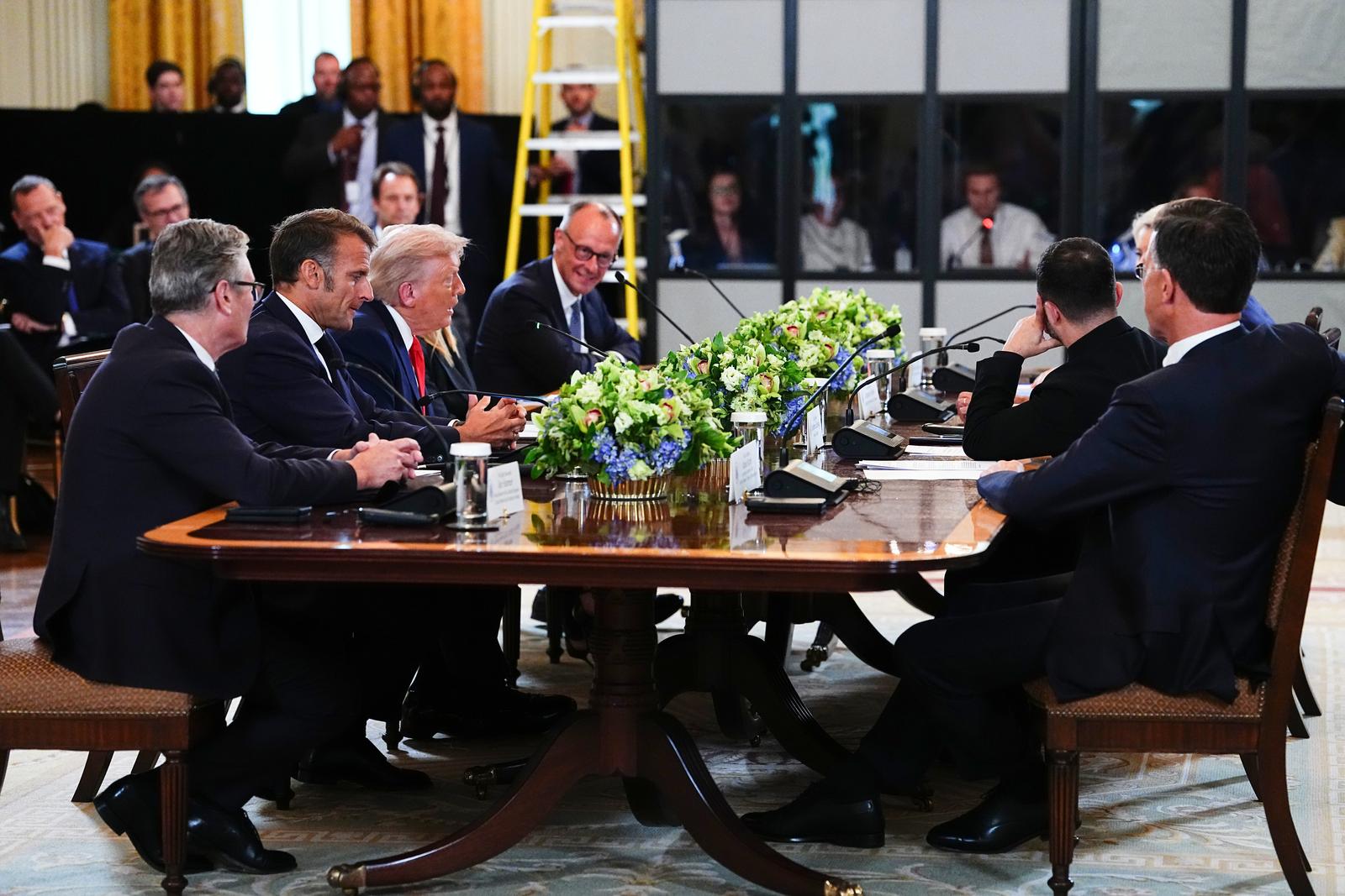 United States President Donald J Trump makes remarks as he participates in a Multilateral Meeting with European Leaders in the East Room of the White House in Washington, DC, USA, on Monday, August 18, 2025.  The European Leaders are at the White House in support of President Zelenskyy following President Trumps meeting with President Vladimir Putin of Russia in Anchorage, Alaska, USA, on Friday, August 15, 2025. Credit: Aaron Schwartz / Pool/Sipa USA Photo: Sipa USA/SIPA USA