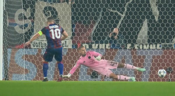 Dominik Kotarski (FC Copenhagen, #42) dives and misses a penalty kick shot by Xherdan Shaqiri (FC Basel 1893, #10)  during  FC Basel 1893 vs FC Copenhagen, UEFA Champions League football match in Basel, Switzerland, August 20 2025 (Photo by Scott Coleman/IPA Sport / ipa-agency.net/IPA/Sipa USA) Photo: IPA/SIPA USA