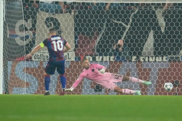 Dominik Kotarski (FC Copenhagen, #42) dives and misses a penalty kick shot by Xherdan Shaqiri (FC Basel 1893, #10)  during  FC Basel 1893 vs FC Copenhagen, UEFA Champions League football match in Basel, Switzerland, August 20 2025 (Photo by Scott Coleman/IPA Sport / ipa-agency.net/IPA/Sipa USA) Photo: IPA/SIPA USA