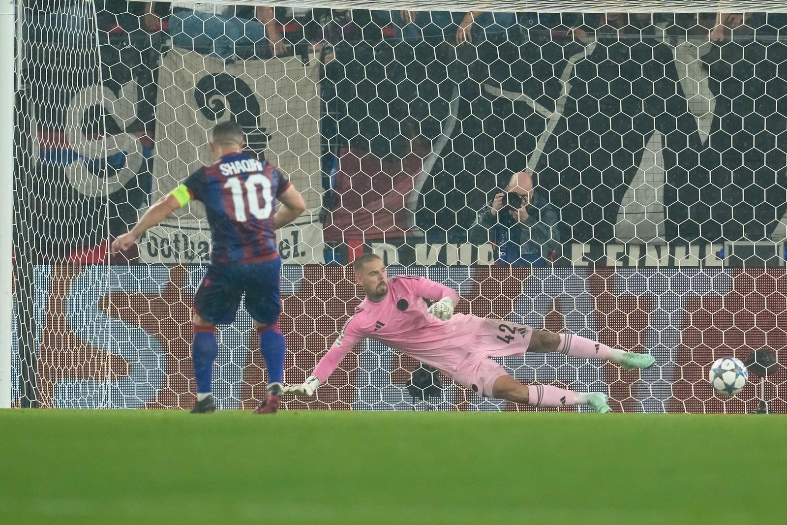 Dominik Kotarski (FC Copenhagen, #42) dives and misses a penalty kick shot by Xherdan Shaqiri (FC Basel 1893, #10)  during  FC Basel 1893 vs FC Copenhagen, UEFA Champions League football match in Basel, Switzerland, August 20 2025 (Photo by Scott Coleman/IPA Sport / ipa-agency.net/IPA/Sipa USA) Photo: IPA/SIPA USA