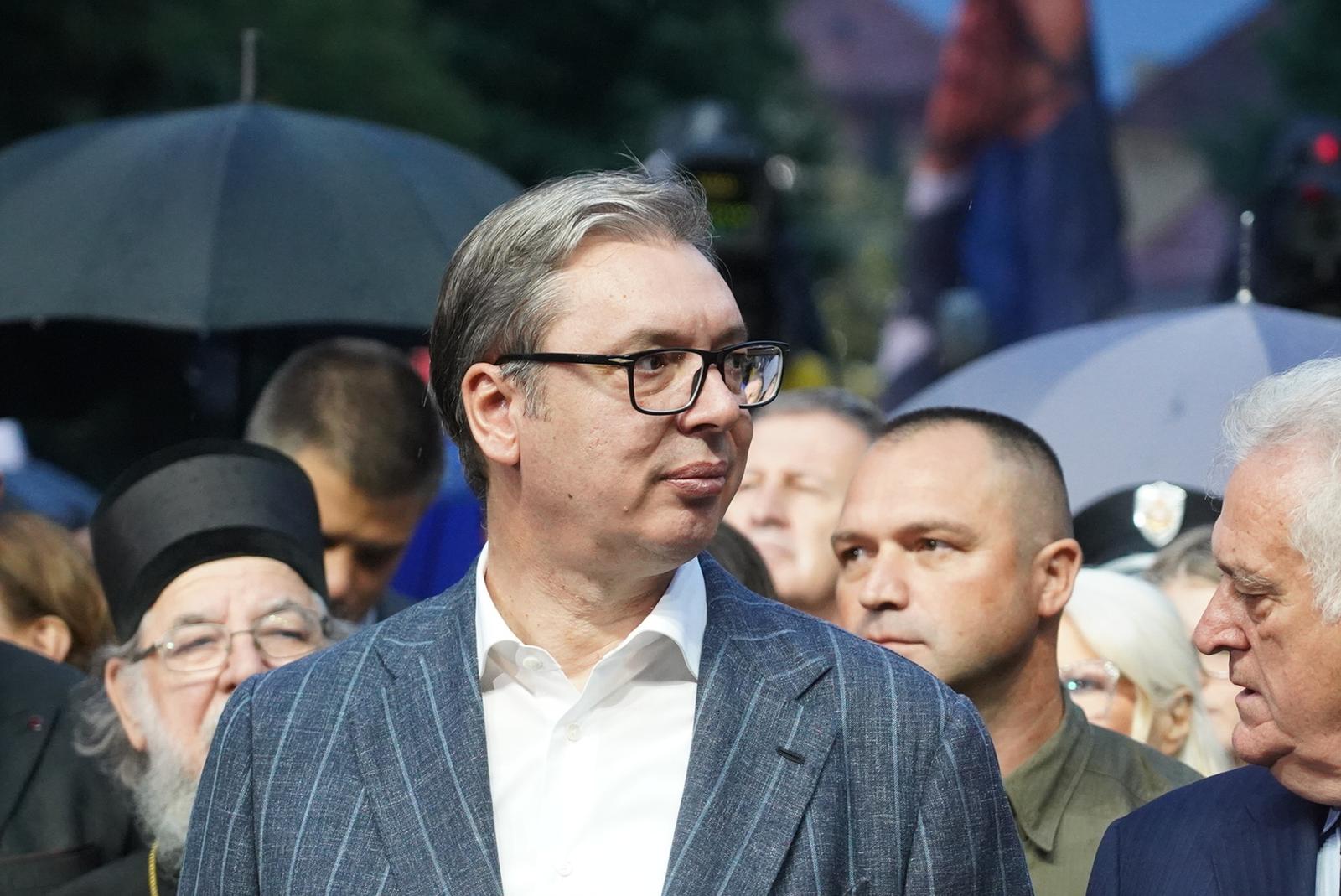 03, August, 2025, Sremski Karlovci - A ceremony was held at Branko Radicevic Square in Sremski Karlovci to mark the Day of Remembrance for All Victims and Exiled Serbs in the Armed Storm Action. Aleksandar Vucic. Photo: Antonio Ahel/ATAImages

03, avgust 2025, Sremski Karlovci - Na Trgu Branka Radicevica u Sremskim Karlovcima odrzana je ceremonija obelezavanja Dana secanja na sve stradale i prognane Srbe u oruzanoj akciji Oluja. Photo: Antonio Ahel/ATAImages Photo: Antonio Ahel/ATAImages/PIXSELL/PIXSELL