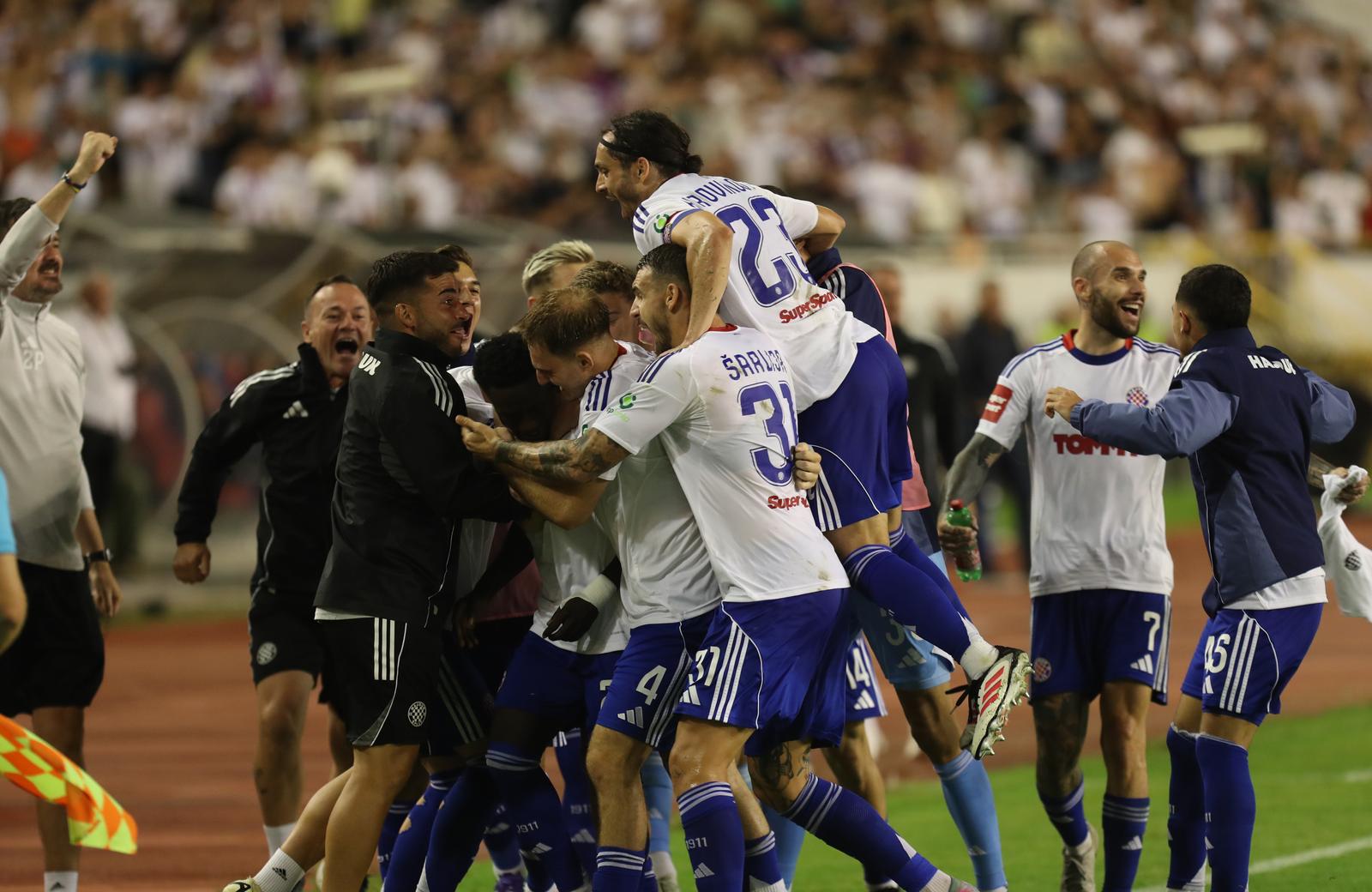 03.08.2025.,Split-SuperSport HNL.01.kolo. HNK Hajduk-NK Istra 1961.Fran Karacic golom za 2:1 donio pobjedu Hajduku.Slavlje nakon gola. Photo: Ivo Cagalj/PIXSELL