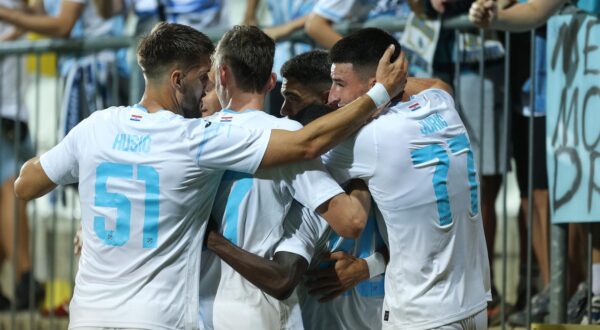 06.08.2025., stadion HNK Rijeka, Rijeka - Prva utakmica treceg kola kvalifikacija za ulazak u UEFA Europsku ligu, HNK Rijeka - Shelbourne F.C. Anel Husic, Niko Jankovic , Ante Matej Juric Photo: Nel Pavletic/PIXSELL