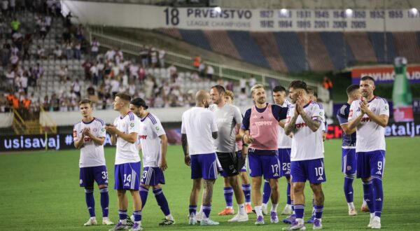 07.08.2025., stadion Poljud, Split - Prva utakmica treceg kola kvalifikacija za ulazak u UEFA Konferencijsku ligu, HNK Hajduk - FC Dinamo City. Filip Krovinovic, Goran Roce, Dario Melnjak, Marko Livaja, Ante Rebic Photo: Zvonimir Barisin/PIXSELL