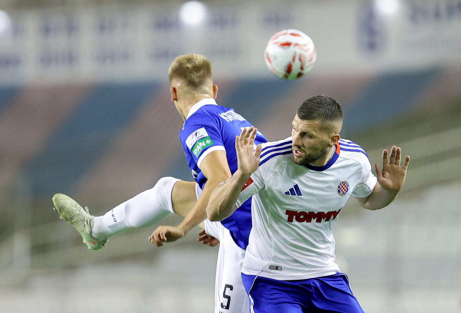 17.08.2025., Split - SuperSport HNL, 03. kolo, HNK Hajduk - NK Slaven Belupo. Zvonimir Katalinic, Ante Rebic.  Photo: Ivana Ivanovic/PIXSELL