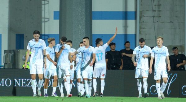 21.08.2025., stadion HNK Rijeka, Rijeka - Prva utakmica doigravanja za ulazak u UEFA Europsku ligu, HNK Rijeka - PAOK. Stjepan Radeljic, Dejan Petrovic, Mladen Devetak, Ante Majstorovic,Justas Lasickas Photo: Nel Pavletic/PIXSELL