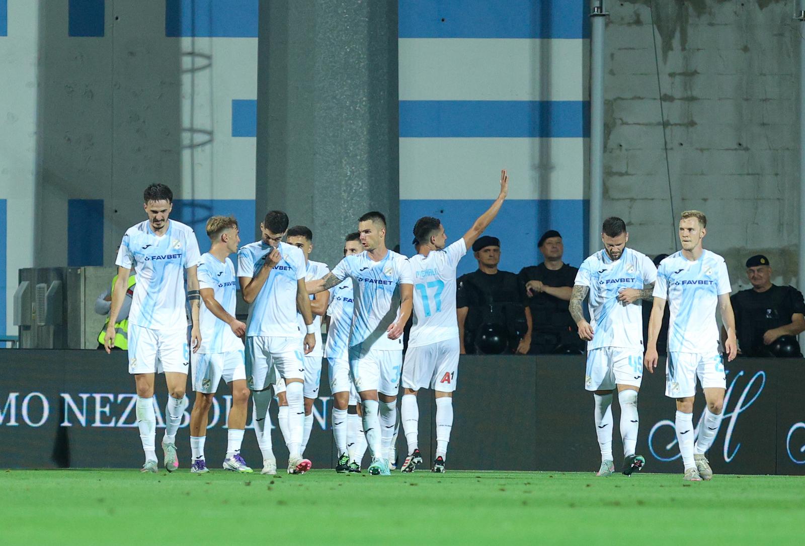 21.08.2025., stadion HNK Rijeka, Rijeka - Prva utakmica doigravanja za ulazak u UEFA Europsku ligu, HNK Rijeka - PAOK. Stjepan Radeljic, Dejan Petrovic, Mladen Devetak, Ante Majstorovic,Justas Lasickas Photo: Nel Pavletic/PIXSELL