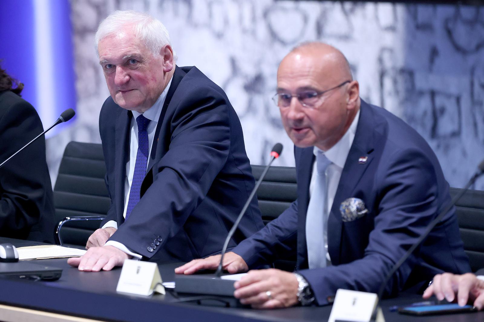 26.08.2025., Zagreb - U NSK je odrzana godisnja konferencije veleposlanika, generalnih konzula i vojnih izaslanika Republike Hrvatske. Na svecanom otvaranju konferencije govorili au predsjednik Hrvatskog sabora Gordan Jandrokovic, predsjednik Vlade Republike Hrvatske Andrej Plenkovic, ministar vanjskih i europskih poslova Gordan Grlic Radman i nekadasnji predsjednik Vlade Irske (1997.-2008.) Bertie Ahern. Photo: Patrik Macek/PIXSELL