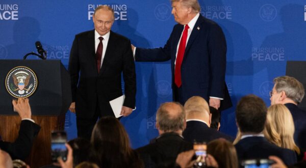 U.S. President Donald Trump and Russian President Vladimir Putin give a joint news conference at the Arctic Warrior Events Center at Joint Base Elmendorf-Richardson on Friday, Aug. 15, 2025, in Anchorage, Alaska. Photo by Marc Lester/Anchorage Daily News/TNS/ABACAPRESS.COM Photo: Anchorage Daily News/TNS/ABACA/ABACA