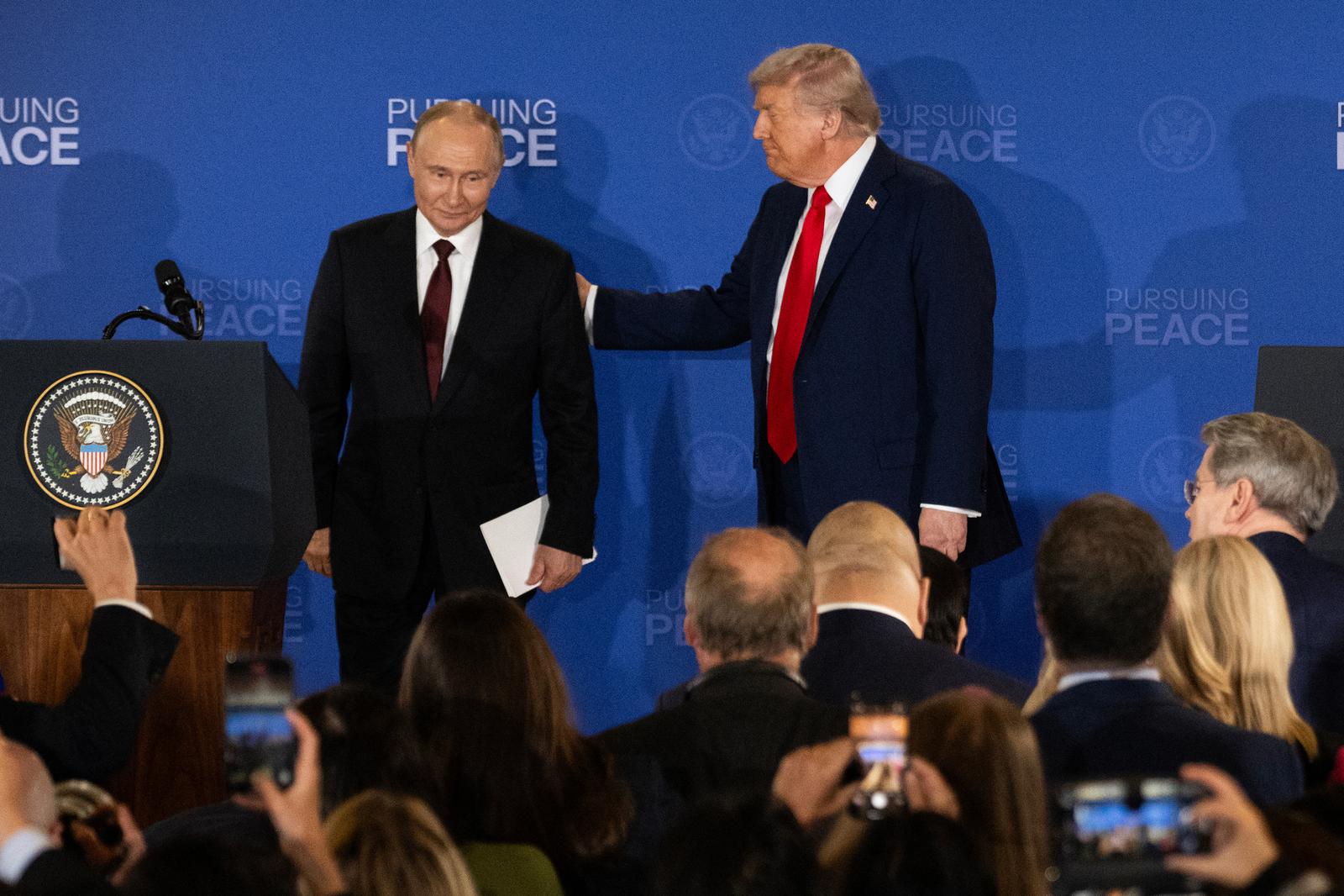 U.S. President Donald Trump and Russian President Vladimir Putin give a joint news conference at the Arctic Warrior Events Center at Joint Base Elmendorf-Richardson on Friday, Aug. 15, 2025, in Anchorage, Alaska. Photo by Marc Lester/Anchorage Daily News/TNS/ABACAPRESS.COM Photo: Anchorage Daily News/TNS/ABACA/ABACA