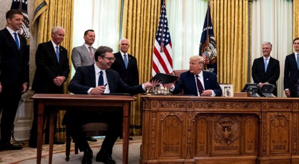 United States President Donald J. Trump, seated center,  participates in a signing ceremony and trilateral meeting with the President of the Republic of Serbia, Aleksandar Vu?i?, seated left, and the Prime Minister of the Republic of Kosovo, Avdullah Hoti, seated right, at the White House on September 4th, 2020. "nCredit: Anna Moneymaker / Pool via CNP | usage worldwide /DPA/PIXSELL