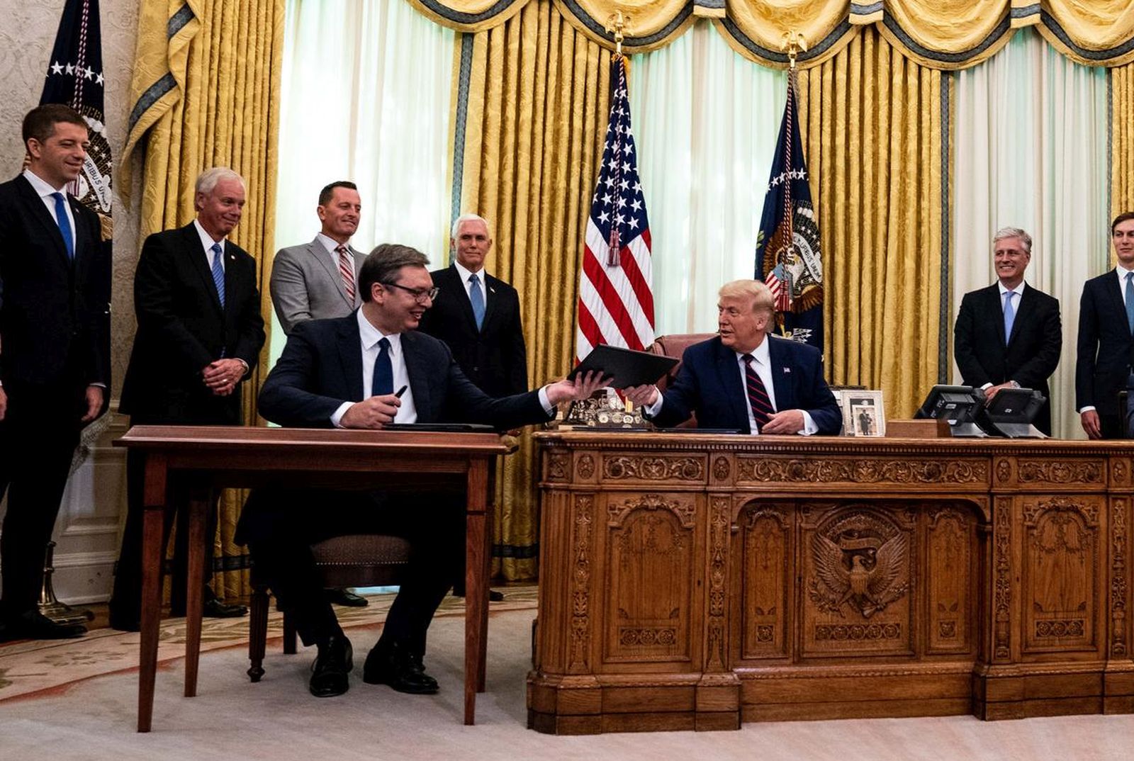 United States President Donald J. Trump, seated center,  participates in a signing ceremony and trilateral meeting with the President of the Republic of Serbia, Aleksandar Vu?i?, seated left, and the Prime Minister of the Republic of Kosovo, Avdullah Hoti, seated right, at the White House on September 4th, 2020. "nCredit: Anna Moneymaker / Pool via CNP | usage worldwide /DPA/PIXSELL