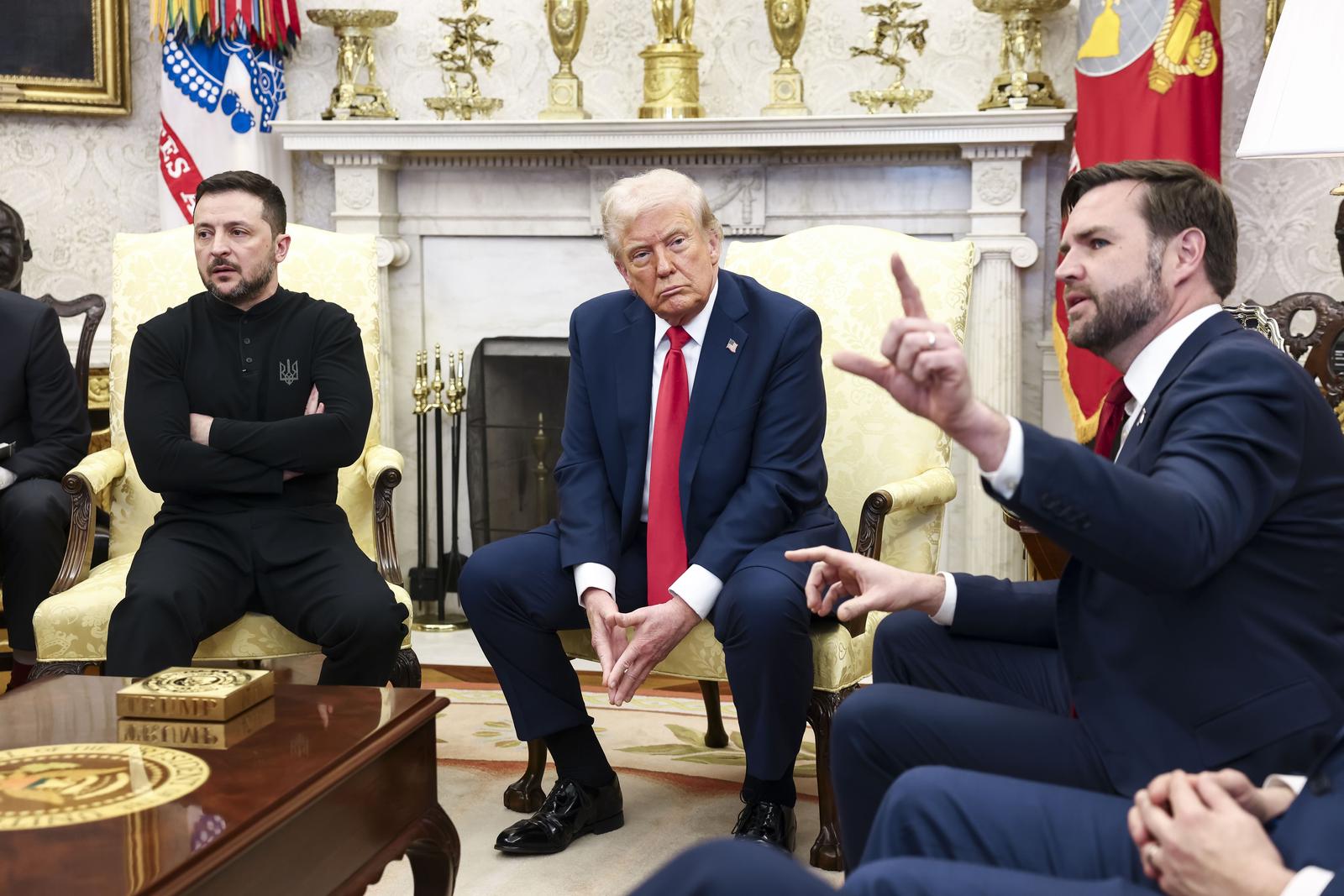 US Vice President JD Vance (R) speaks during a meeting between US President Donald Trump (C) and Ukrainian President Volodymyr Zelensky (L) in the Oval Office of the White House in Washington, DC, USA, 28 February 2025. Zelensky is in Washington to sign the framework of a deal, pushed by President Trump, to share Ukraines’s mineral wealth with the US.
Credit: Jim LoScalzo / Pool via CNP/AdMedia Photo: CNP/AdMedia/NEWSCOM