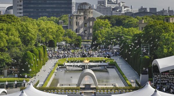 Pigeons are released during a ceremony at the Peace Memorial Park in Hiroshima on Aug. 6, 2025, marking the 80th anniversary of the U.S. atomic bombing of the western Japan city. (Kyodo) ==Kyodo  Photo via Newscom