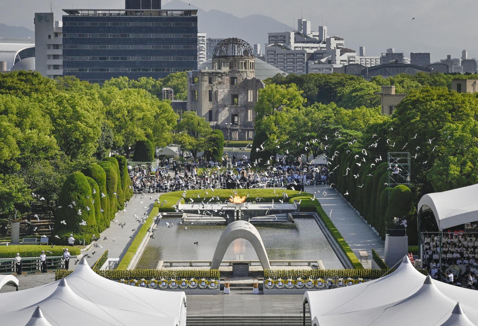 Pigeons are released during a ceremony at the Peace Memorial Park in Hiroshima on Aug. 6, 2025, marking the 80th anniversary of the U.S. atomic bombing of the western Japan city. (Kyodo) ==Kyodo  Photo via Newscom