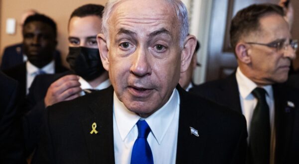 UNITED STATES - JULY 9: Israeli Prime Minister Benjamin Netanyahu talks with reporters before a bipartisan meeting with senate leaders in the U.S. Capitol on Wednesday, July 9, 2025. (Tom Williams/CQ Roll Call) Photo via Newscom Photo: Tom Williams/NEWSCOM