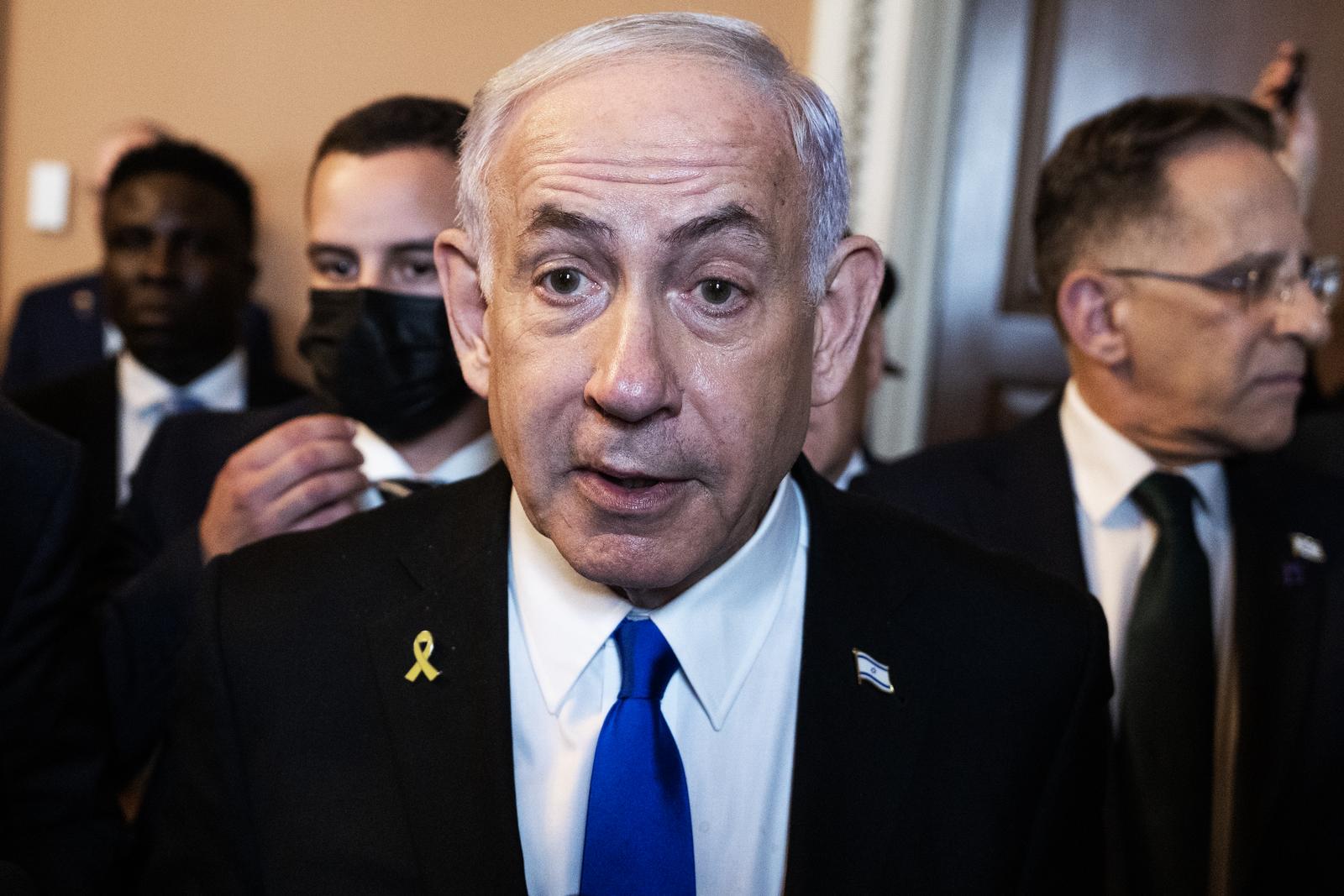 UNITED STATES - JULY 9: Israeli Prime Minister Benjamin Netanyahu talks with reporters before a bipartisan meeting with senate leaders in the U.S. Capitol on Wednesday, July 9, 2025. (Tom Williams/CQ Roll Call) Photo via Newscom Photo: Tom Williams/NEWSCOM