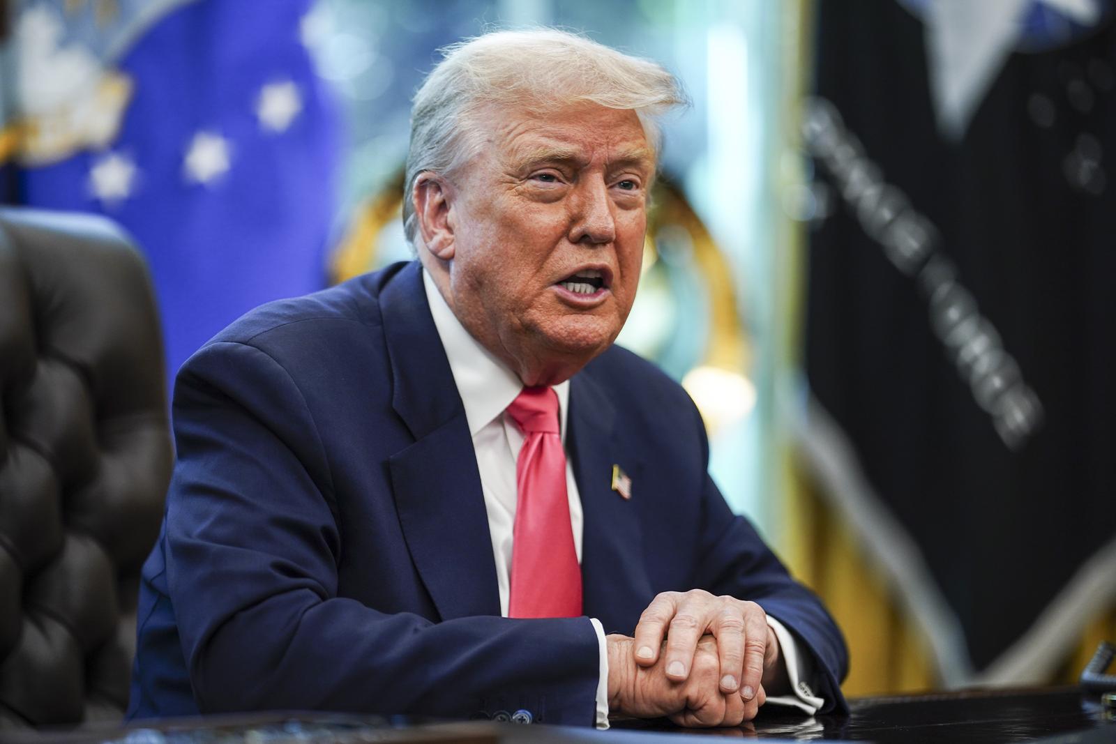 US President Donald Trump speaks in the Oval Office at the White House, Washington, DC, USA, 14 August 2025. President Trump delivered remarks and responded to questions on his presidential proclamation marking the 90th anniversary of the Social Security Act, the federal crime crackdown in D.C. and his trip to Anchorage to meet with Russian President Vladimir Putin.  Credit: Will Oliver / Pool via CNP Photo via Newscom Photo: Will Oliver - Pool via CNP/NEWSCOM
